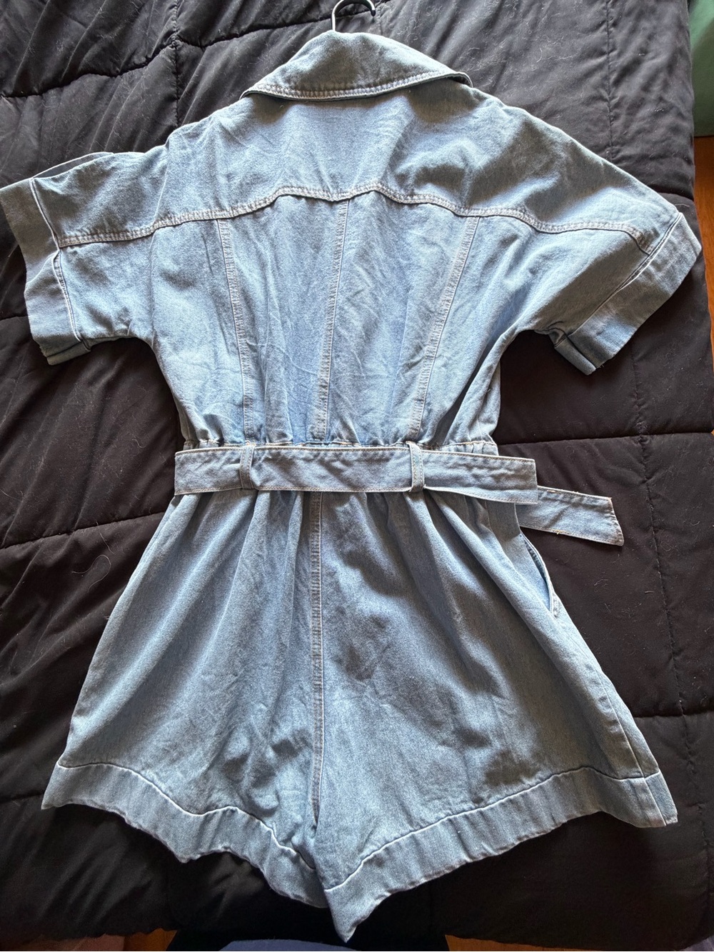 Denim Short Sleeve Belted Romper - Light Blue - Picture 2 of 3